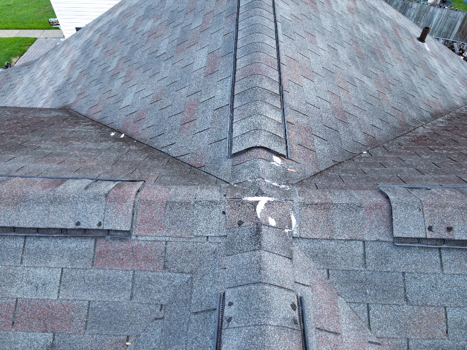 Aerial roof inspection photography showing residential roof conditions in Hampton, VA